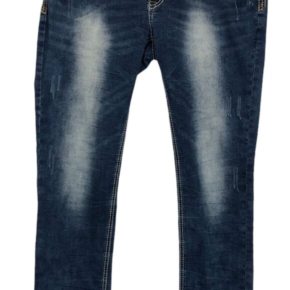 Raw X Mens Jeans 32 Distressed Contrast Double Stitching Stretch Med Dark Wash - Picture 9 of 11